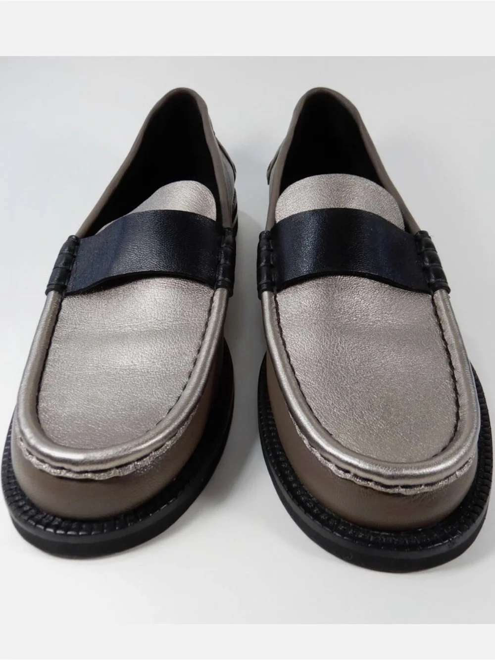 Pedro Garcia Metallic Silver & Black Penny Loafers 38.5